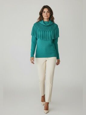 Multiples Green Fringed Cowl Neck Lightweight Sweater Womens size Med Boho Chic